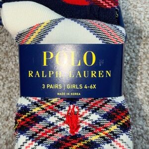 Polo Ralph Lauren Girls 3 Pack Plaid Cable Knit Crew Socks Navy Red White 4-6X